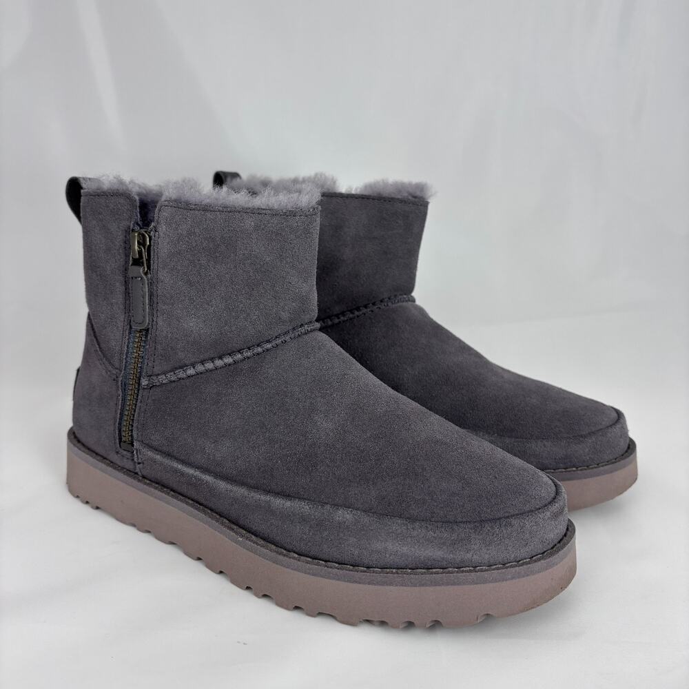 Ugg Classic Mini Nightfall Zip Shadow Boots Gray Sheepskin Suede Size 7